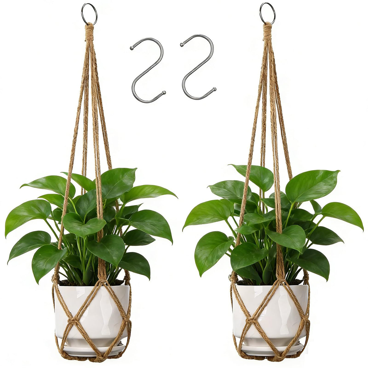YIBOT macrame plant hanger duo for stylish indoor display and vertical space saving.