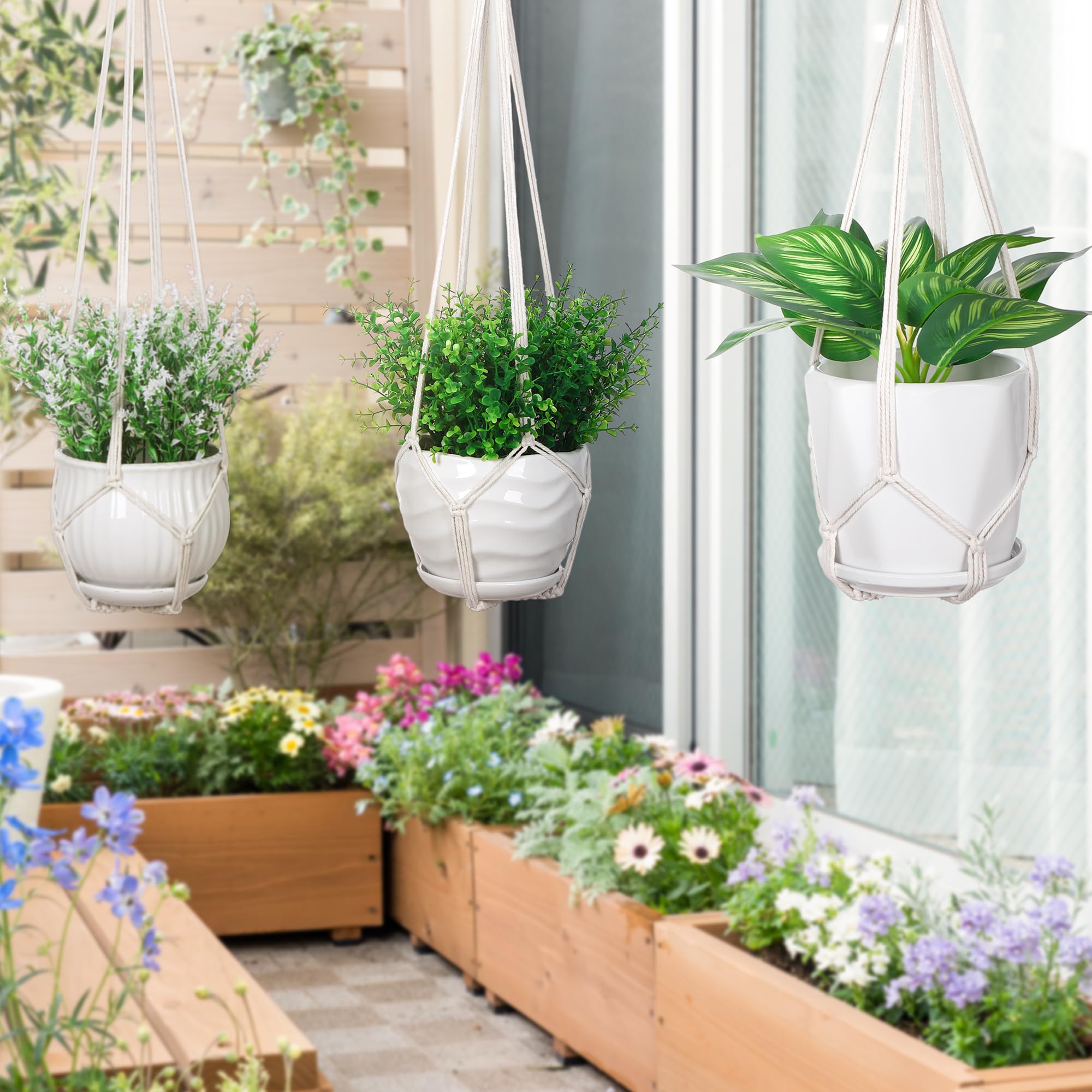 YIBOT 23-inch macrame plant hanger fits small pots on desks or shelves.