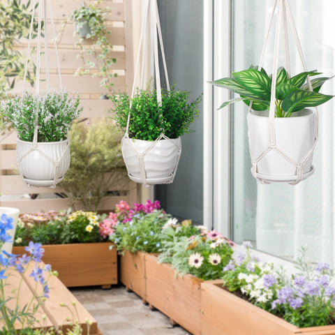 YIBOT 23-inch macrame plant hanger fits small pots on desks or shelves.