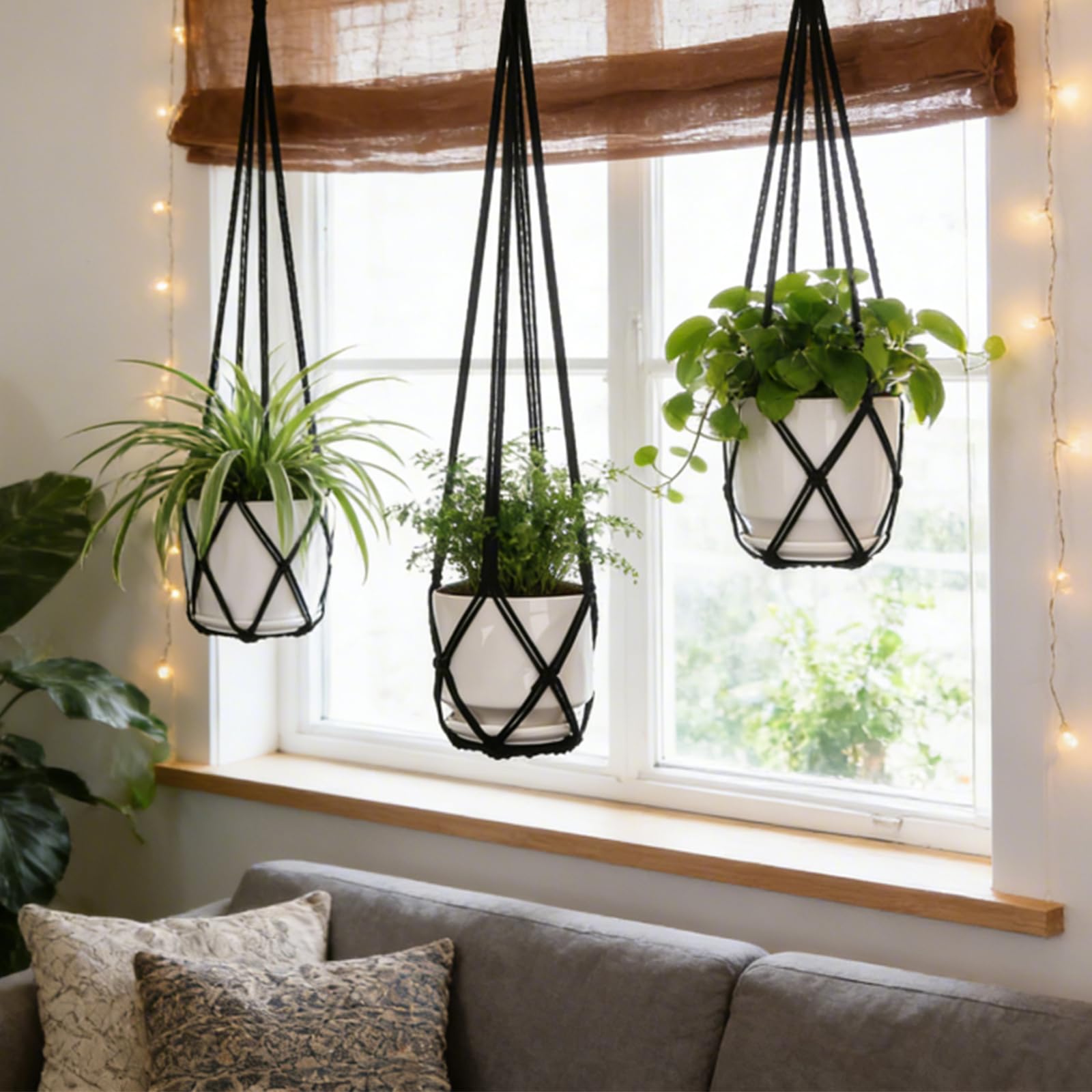 YIBOT macrame plant hanger with 3 hooks for easy hanging.