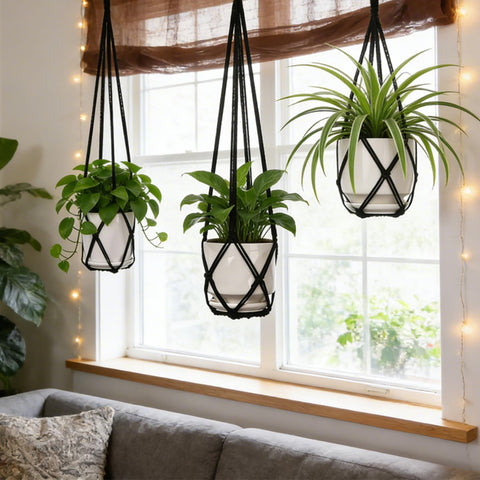 YIBOT macrame plant hanger closeup knots highlights craftsmanship.