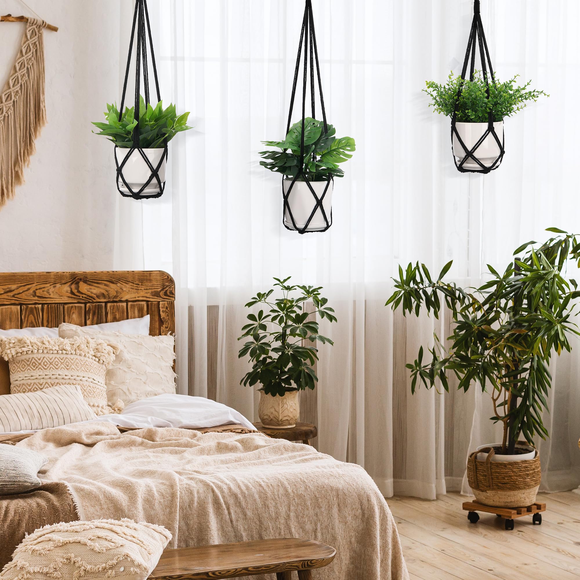 YIBOT macrame plant hanger indoors in sunlight for Boho vibe.