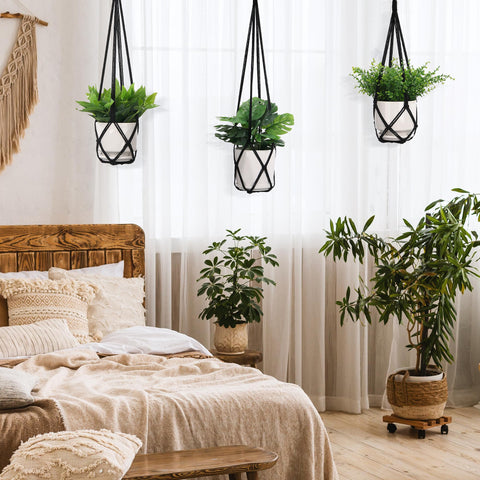 YIBOT macrame plant hanger indoors in sunlight for Boho vibe.