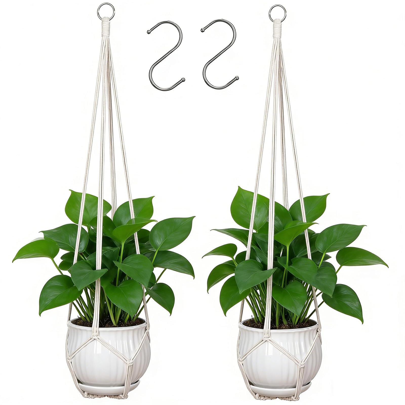 YIBOT macrame plant hanger ivory close-up highlighting detailed knots for chic indoor decor.