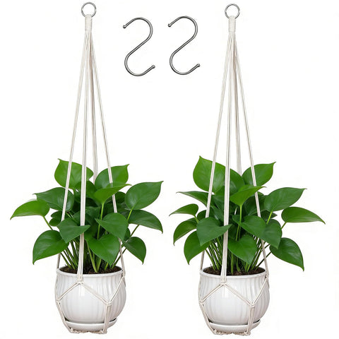 YIBOT macrame plant hanger ivory close-up highlighting detailed knots for chic indoor decor.