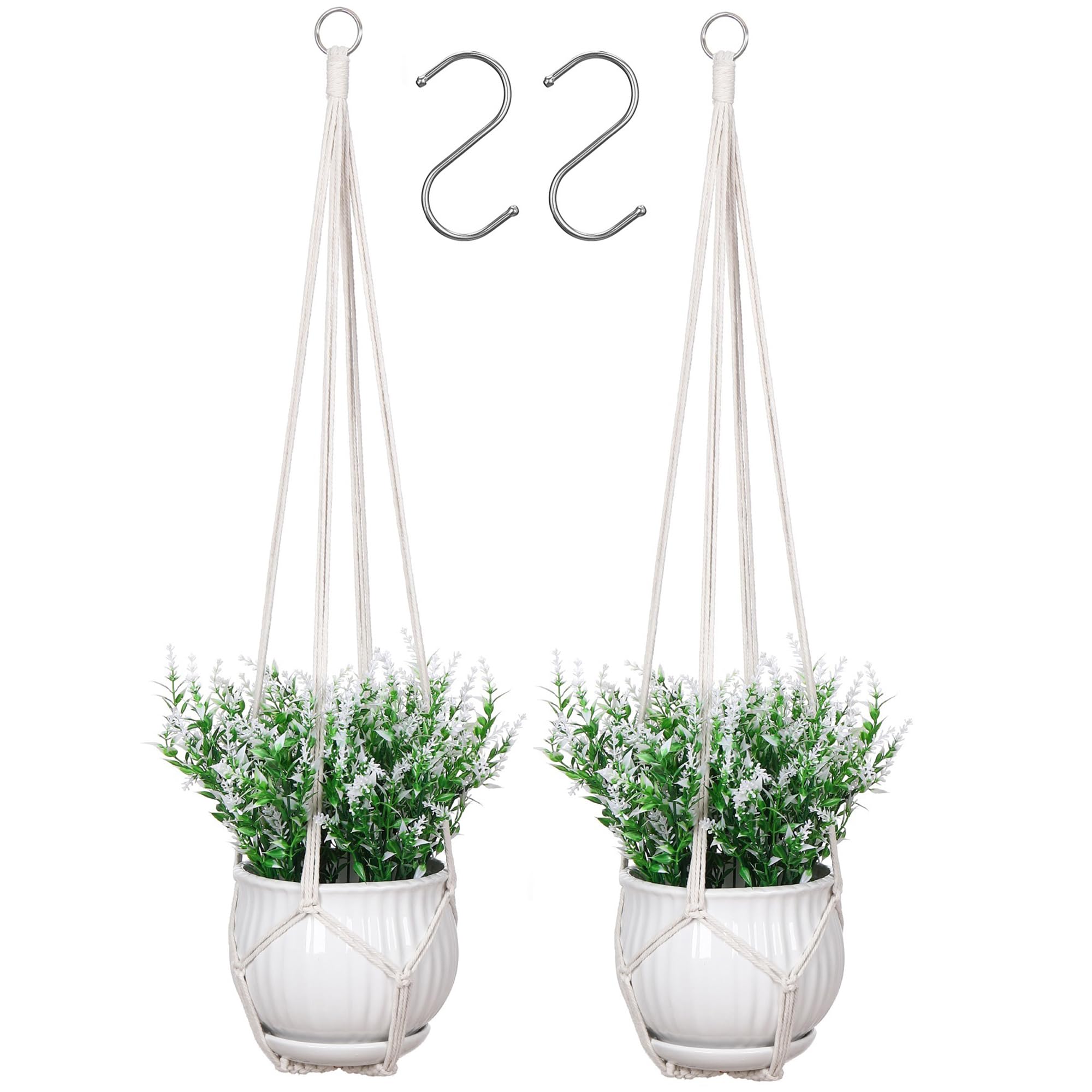 YIBOT macrame plant hanger set includes two hangers and S hooks.
