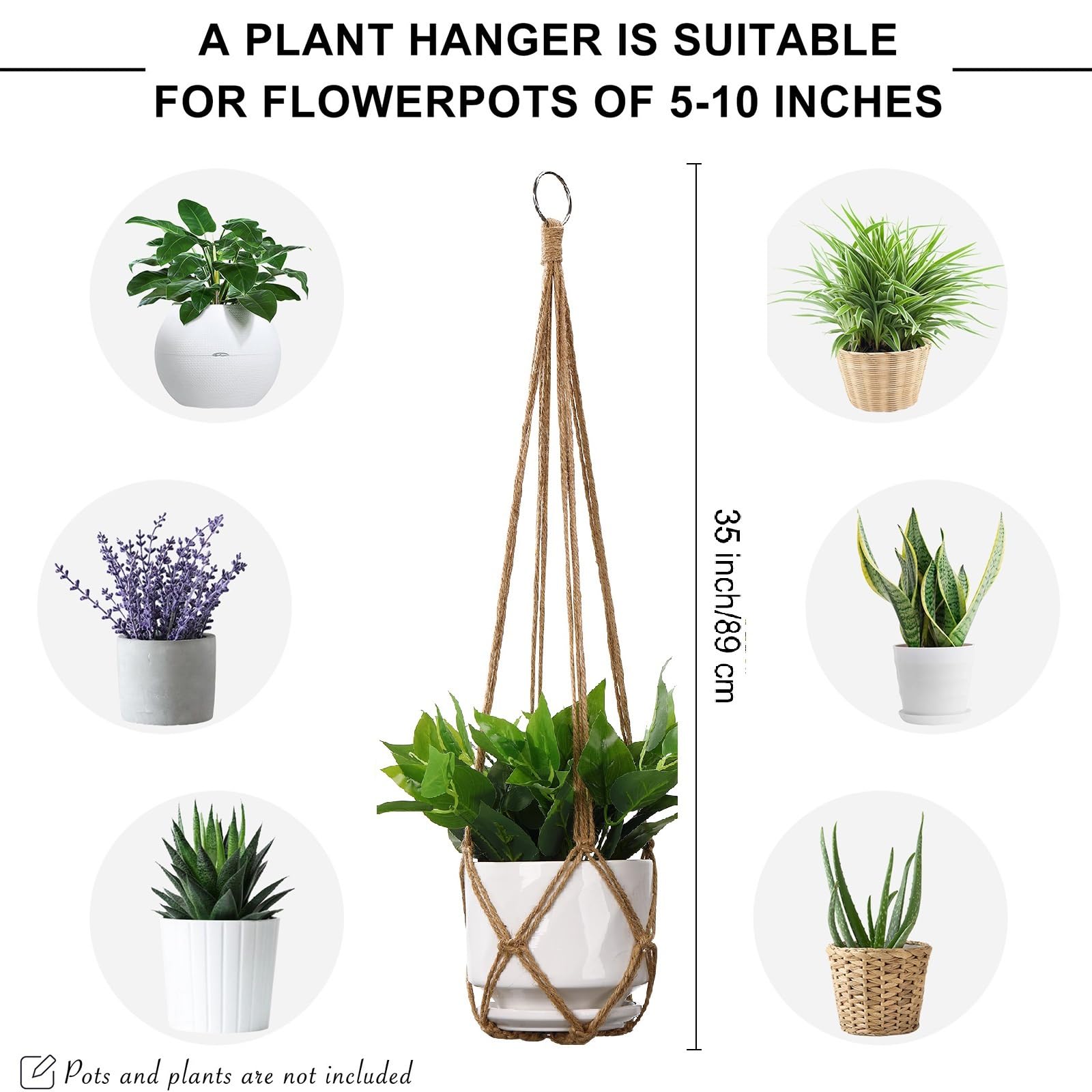YIBOT brown macrame hanger with S-hooks supports various pot shapes outdoors.