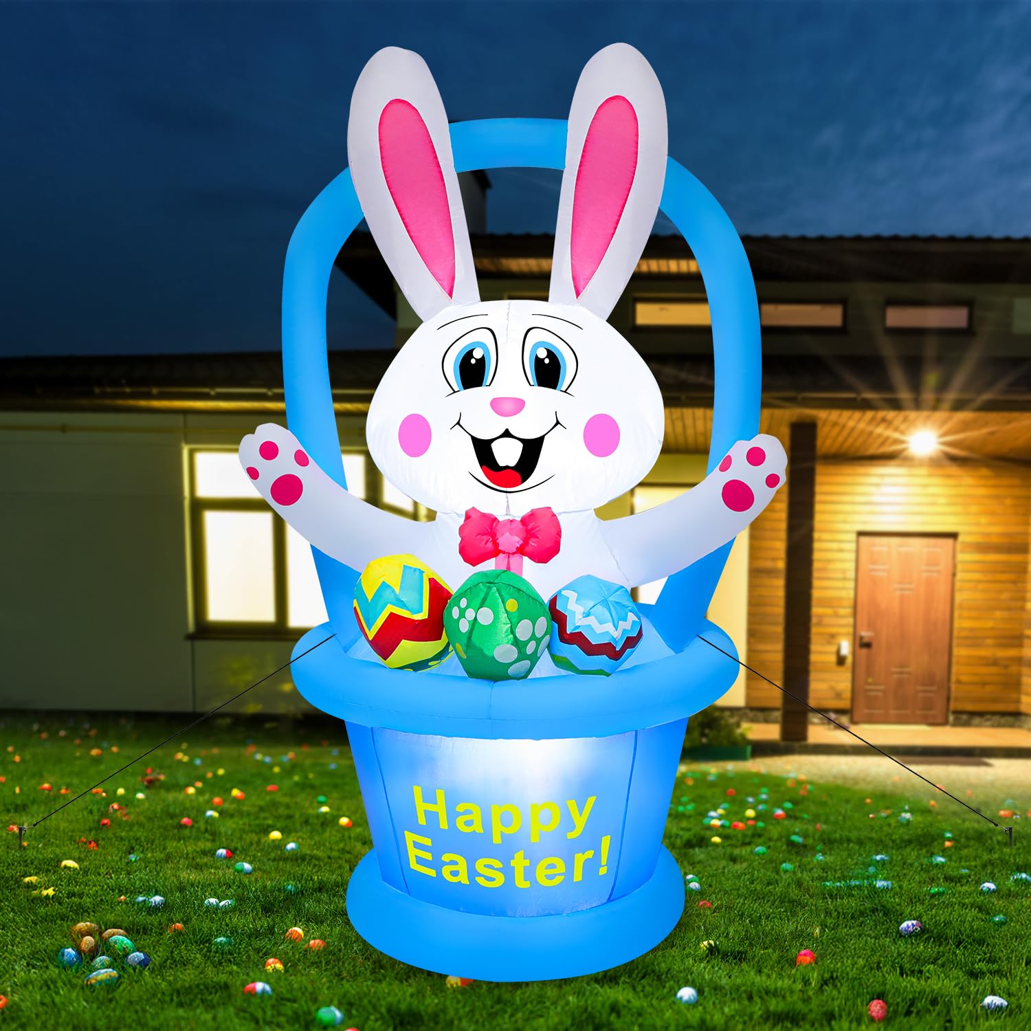 Yichuke 5ft Easter bunny in basket shines for outdoor displays