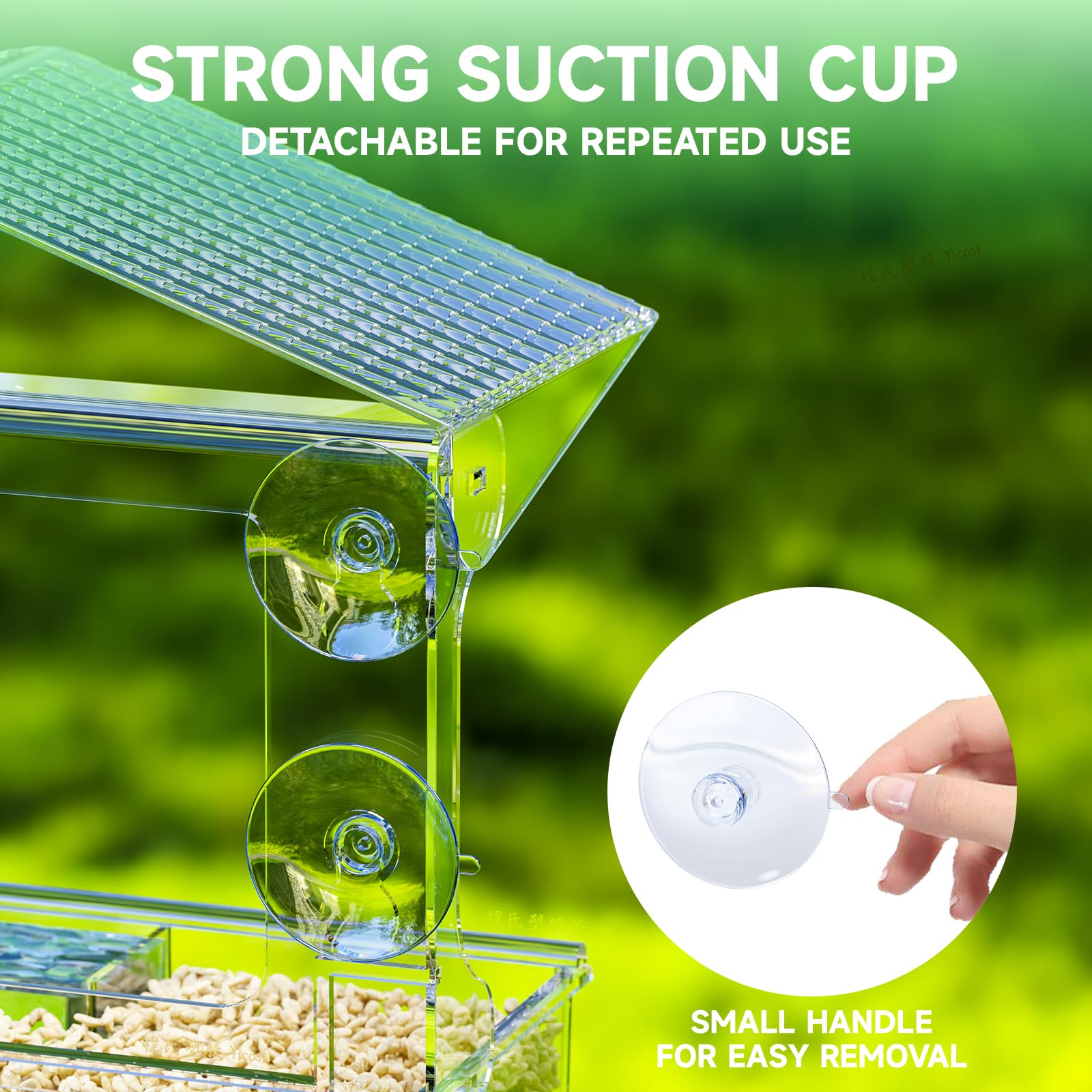 Yieach window feeder provides a crystal clear view of visiting birds.