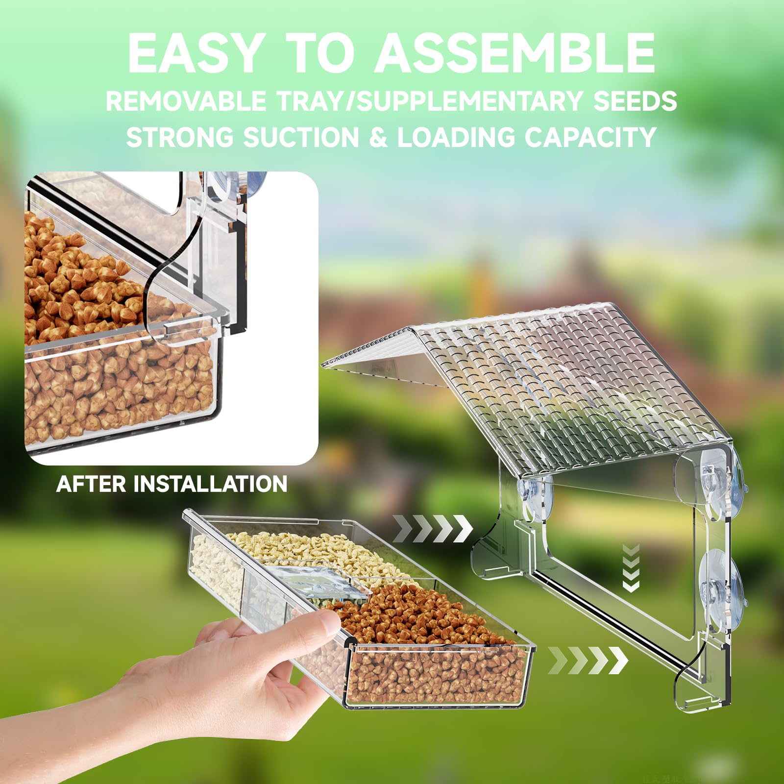 Yieach window feeder includes two seed grids for varied bird diets.