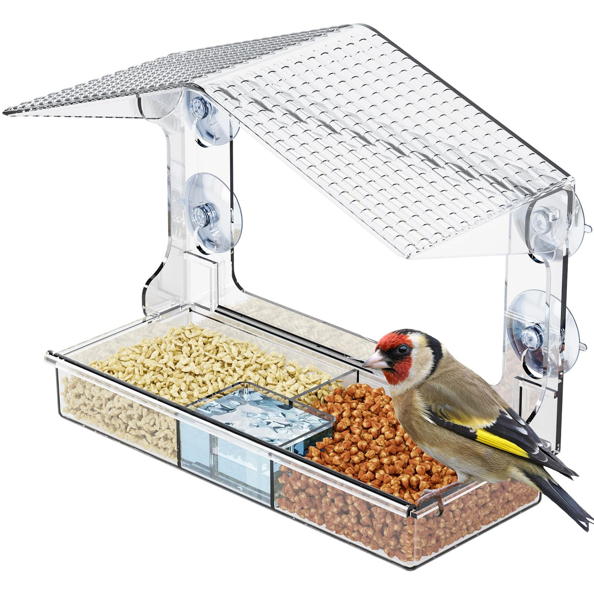 Yieach window feeder with detachable seed tray for quick refills and tidy feeding.
