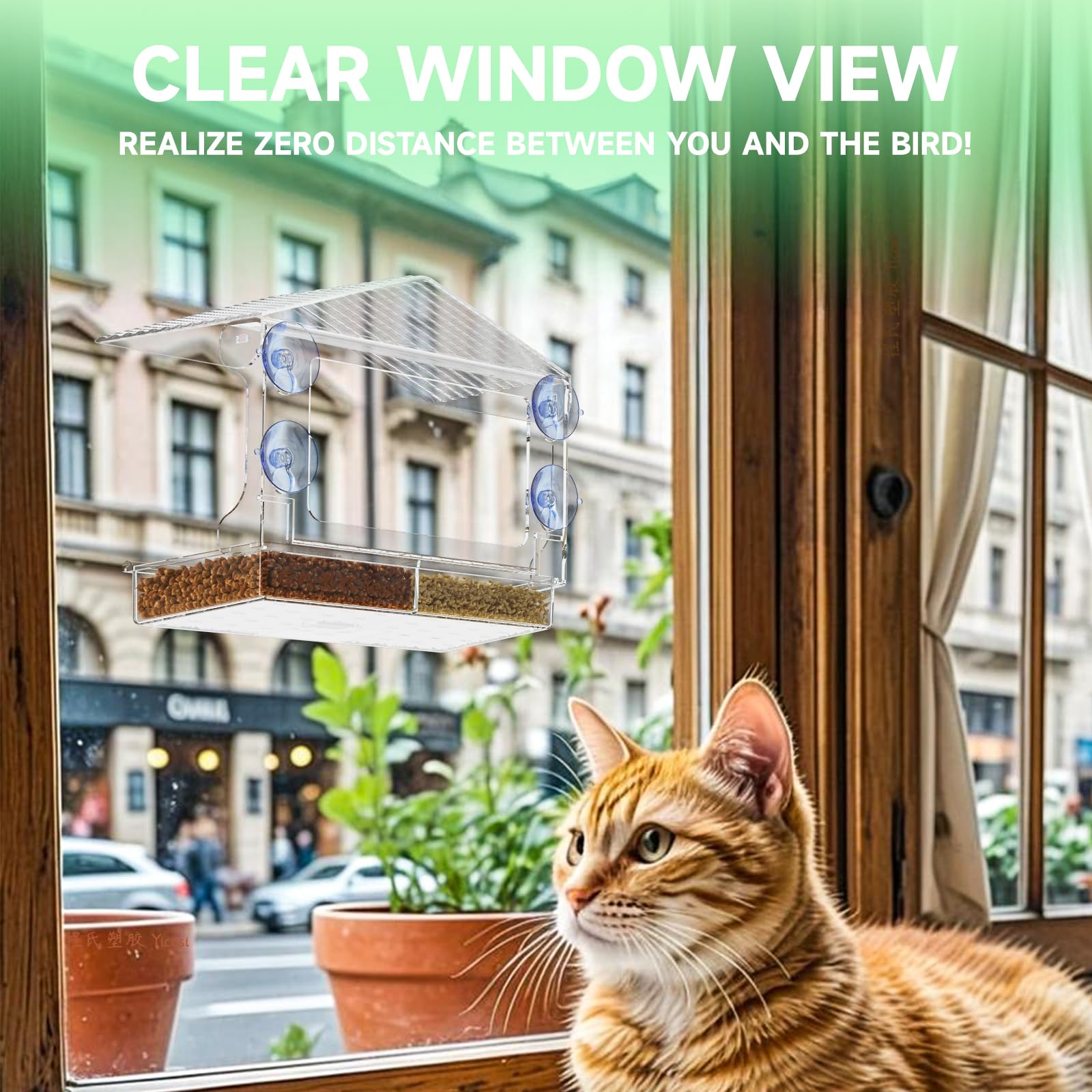 Yieach window feeder with four strong suction cups securely mounting to glass.