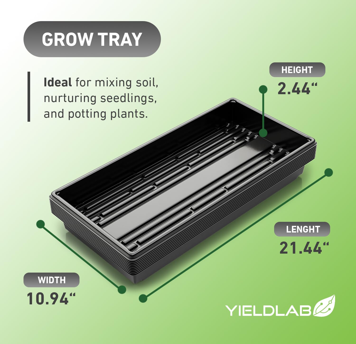 Yield Lab propagation tray 10x20 black side angle highlighting durable construction for long-term use.