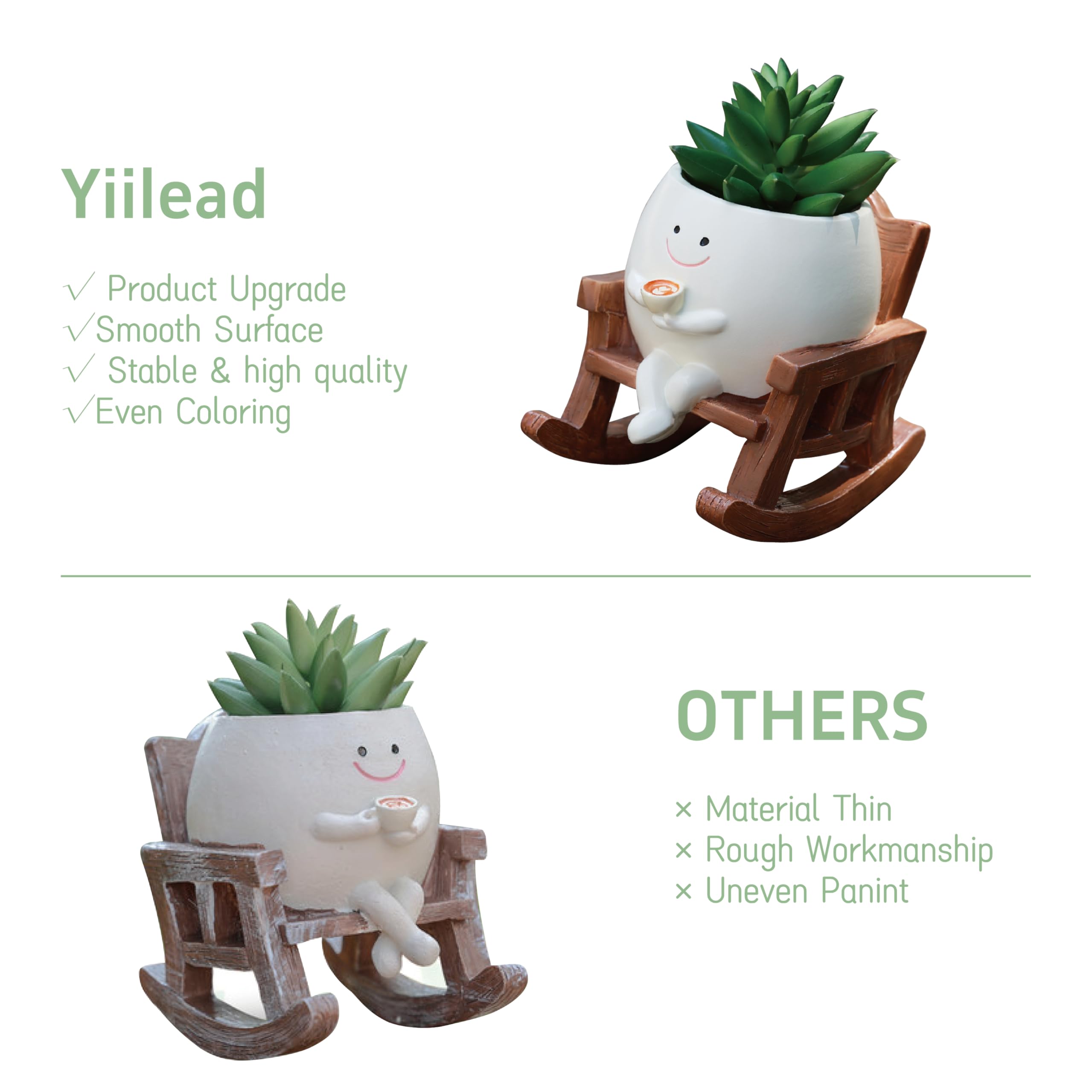 Close-up of Yiilead rocking chair planter holding succulents.