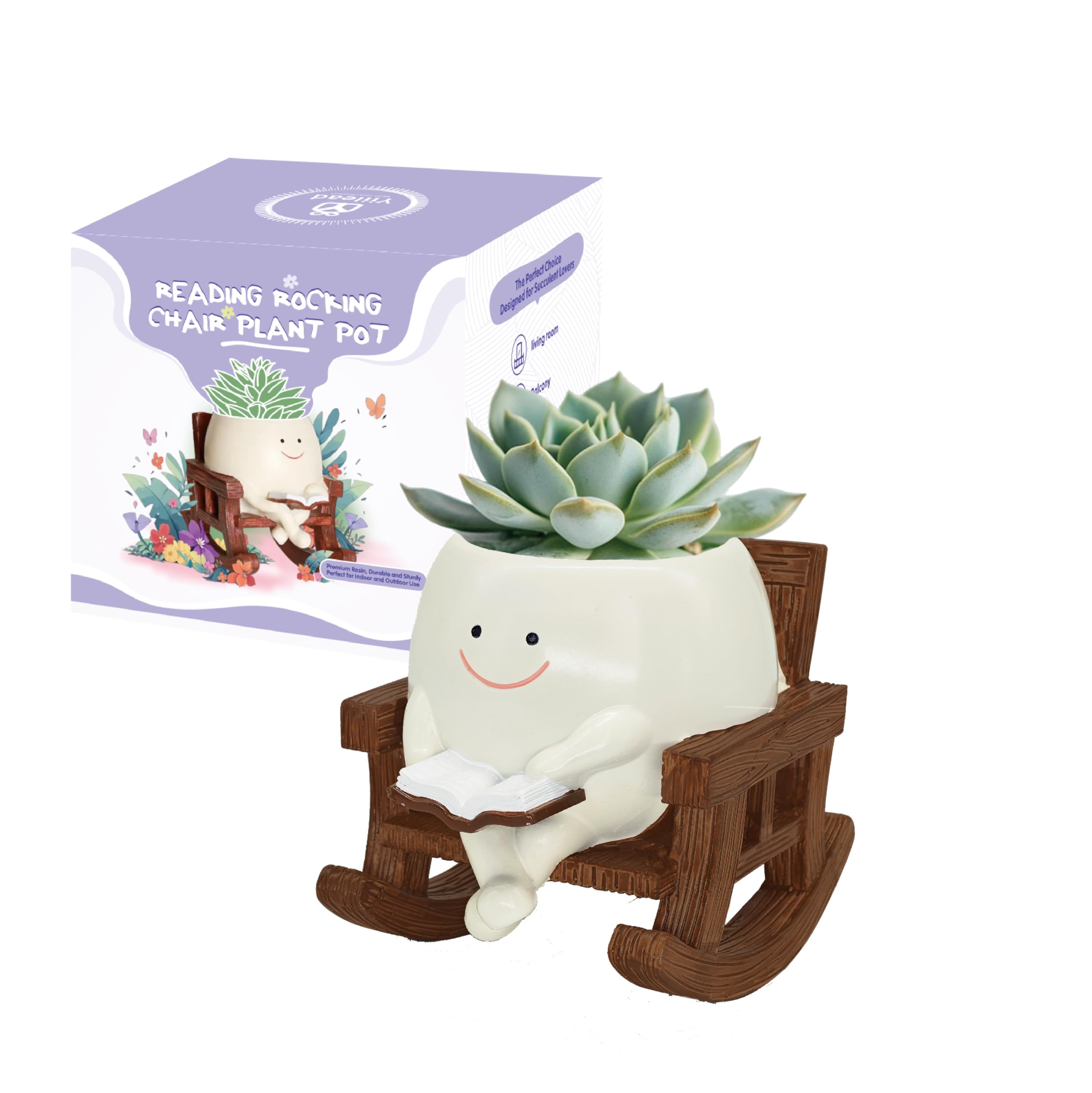 yiilead Smiley Face Planter on a rocking chair, weather-resistant for indoor or outdoor use.