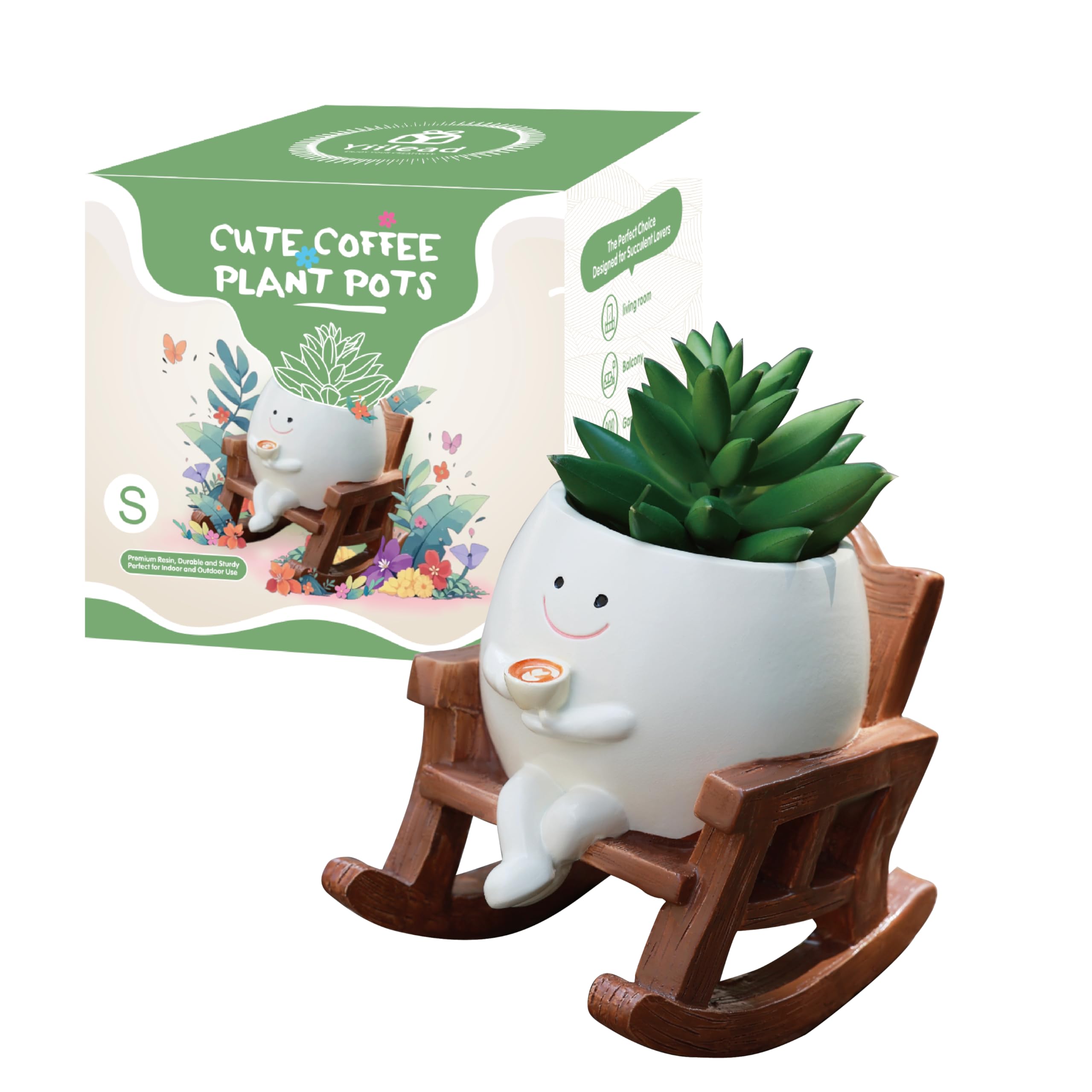 Yiilead Smiley Face Planter Pot on a rocking chair enhances indoor or outdoor charm.