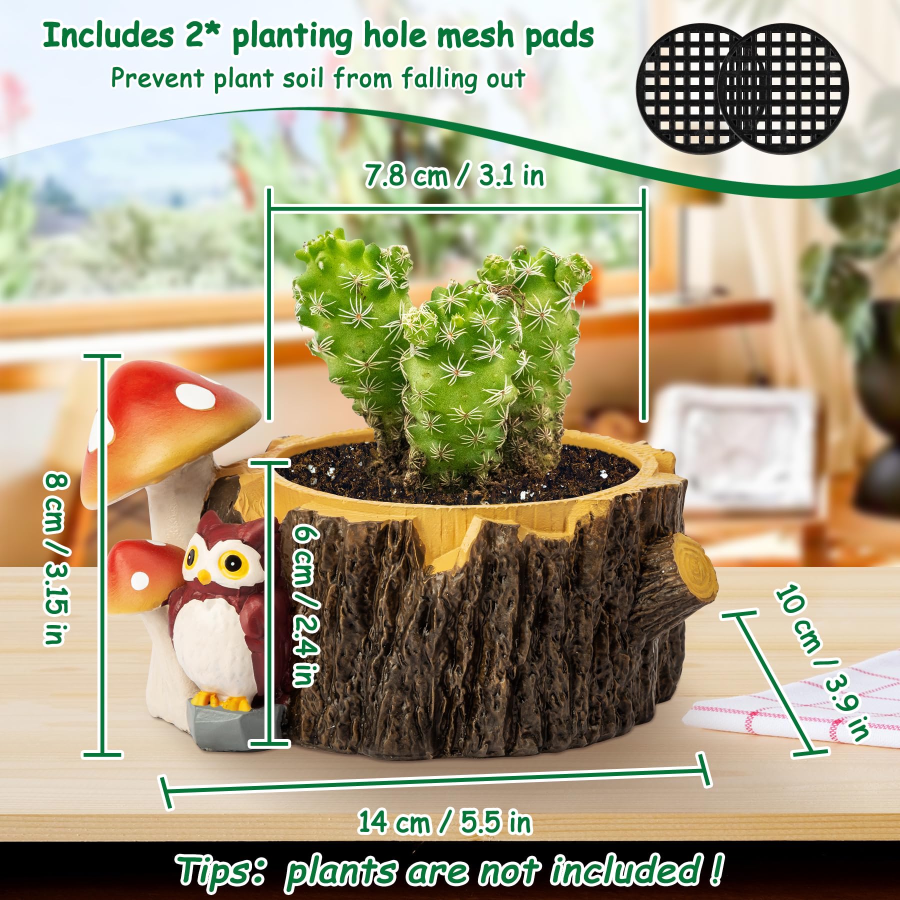 Yiiwinwy Owl planter close-up shows mushroom accents for a forest vibe.