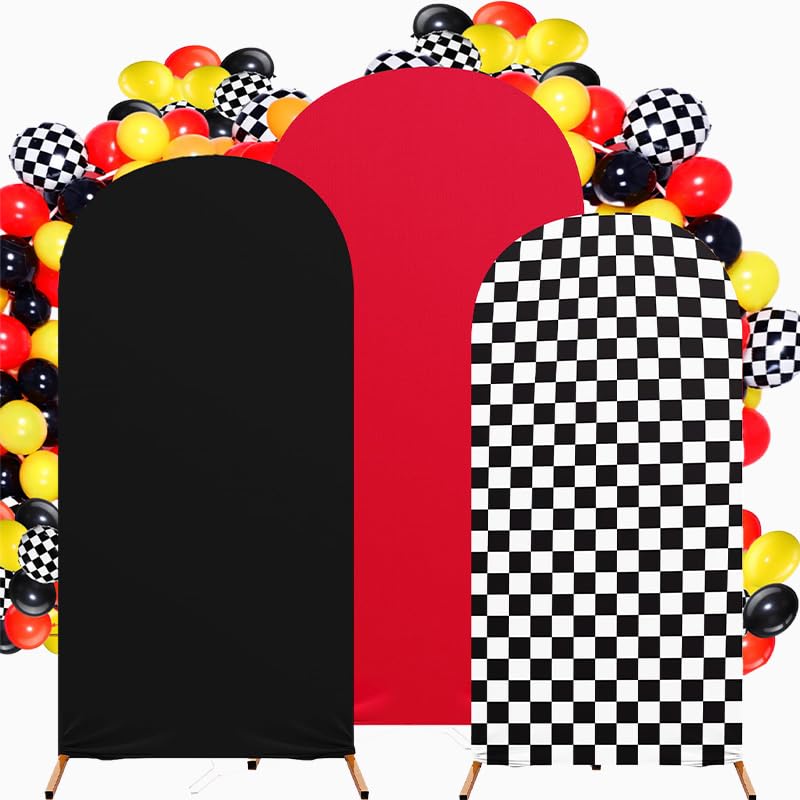 YIJXPOIN arch backdrop cover 4ft with red, black, checkered design for dynamic party photos.