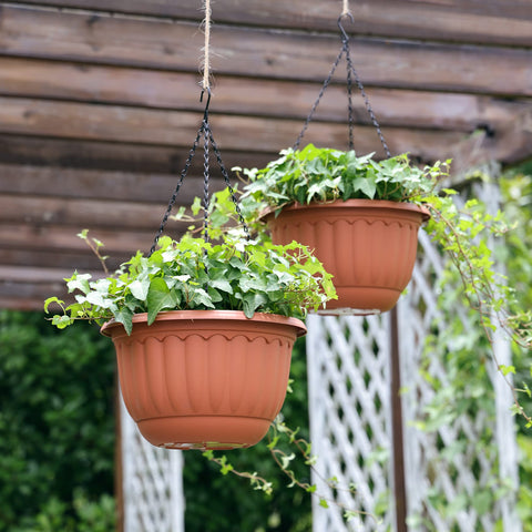 YIKUSH terracotta hanging planter front close-up shows quality material and built-in drainage