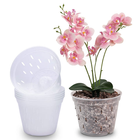 YIKUSH orchid pots 7inch clear 5-pack showing transparent walls for root observation.