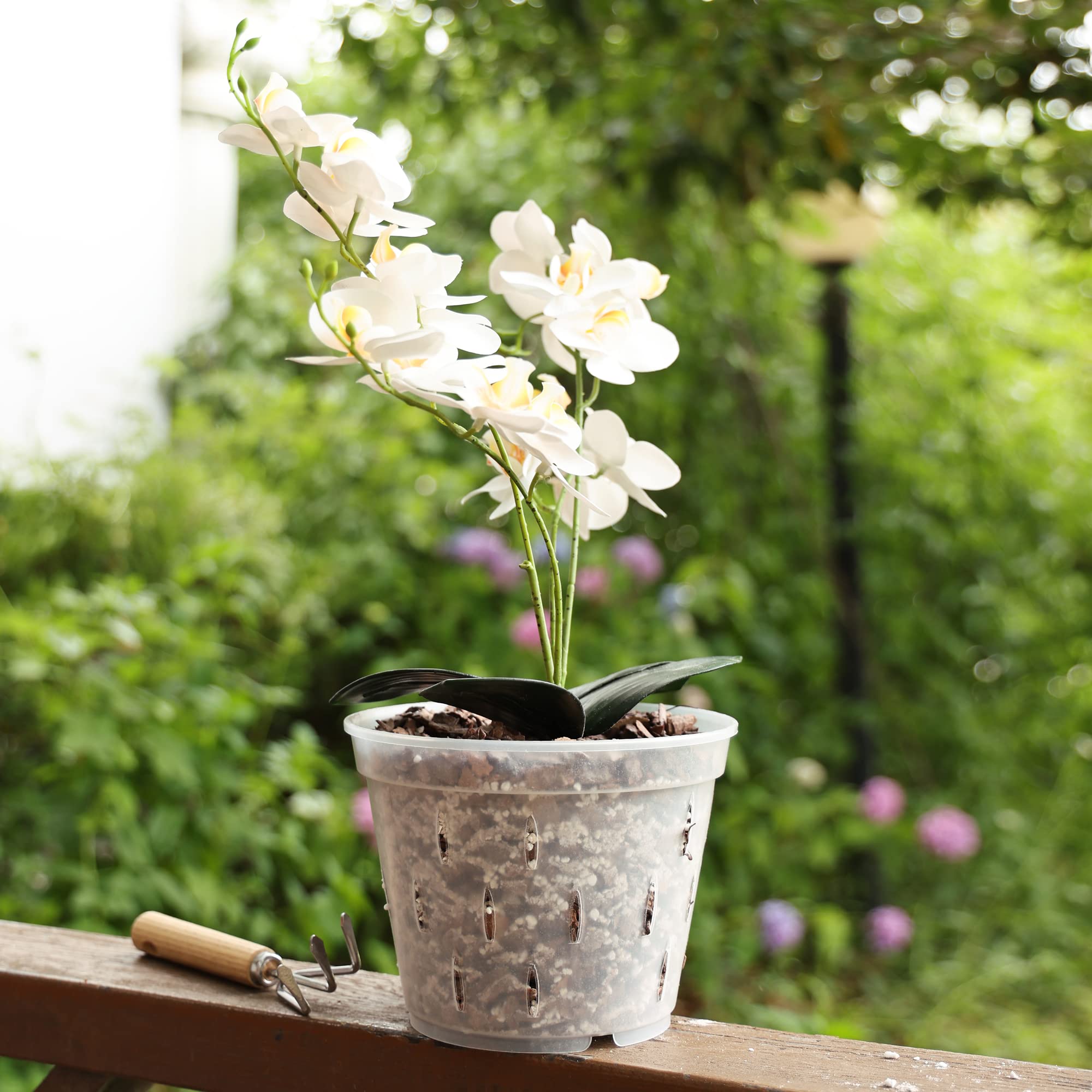 YIKUSH orchid pots are transparent lightweight plastic for easy handling.