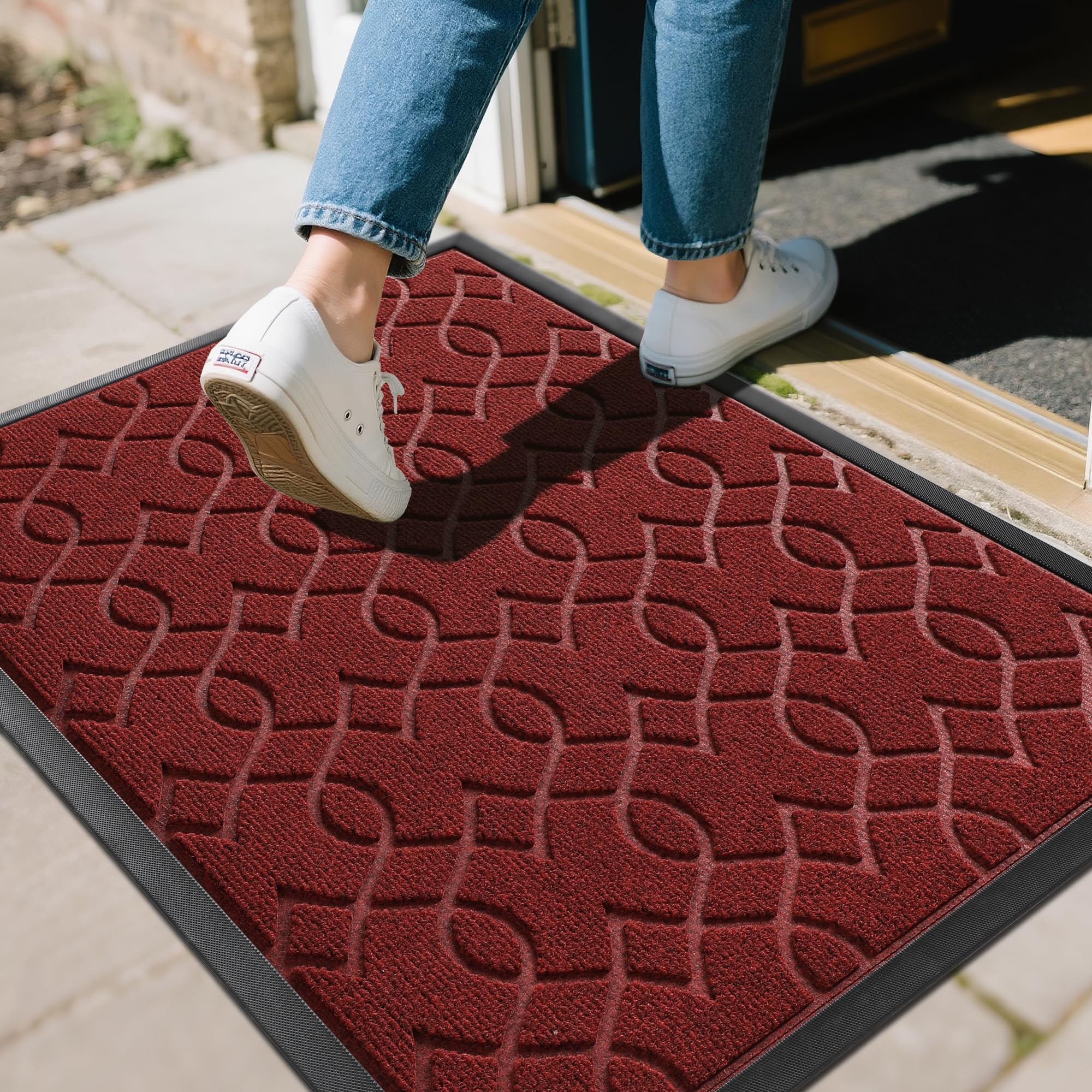 Yimobra front door mat with dirt-capture groove traps debris at the threshold.