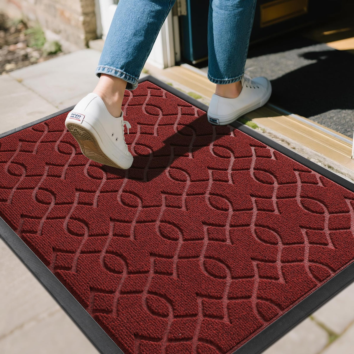 Yimobra front door mat with dirt-capture groove traps debris at the threshold.