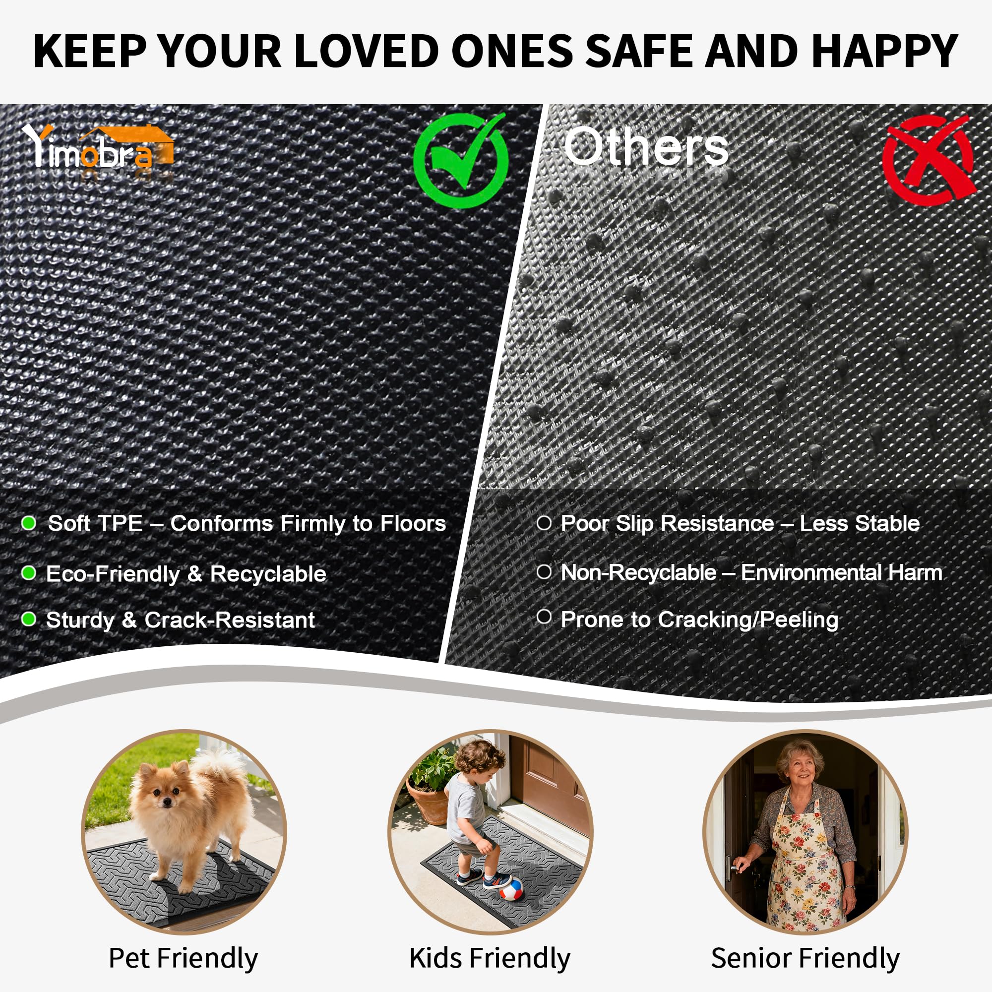 Yimobra heavy-duty door mat with rubber border withstands outdoor use.
