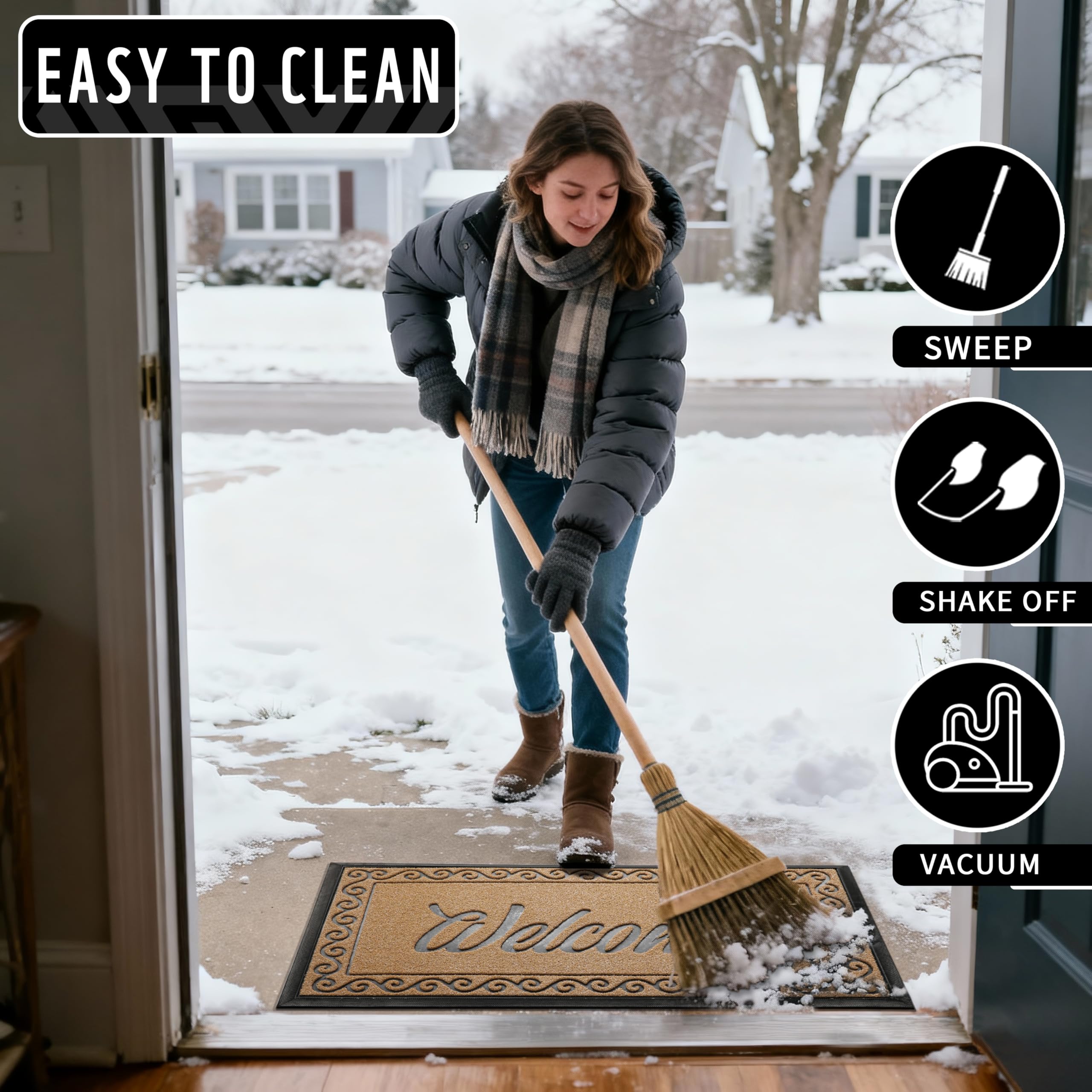 Yimobra outdoor mat with beveled edges helps contain water at the threshold.