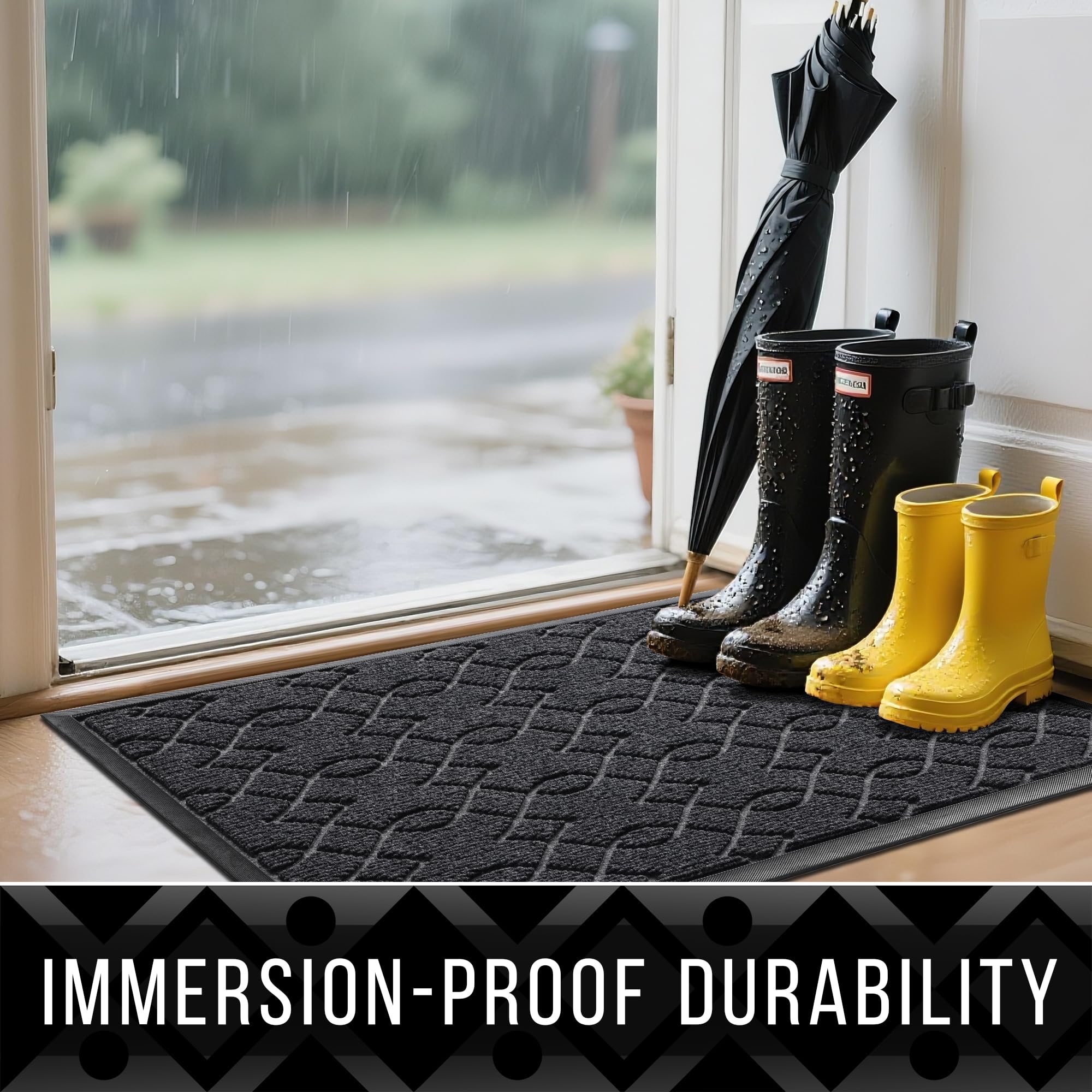 Yimobra oblique rubber edge diverts water away from thresholds.