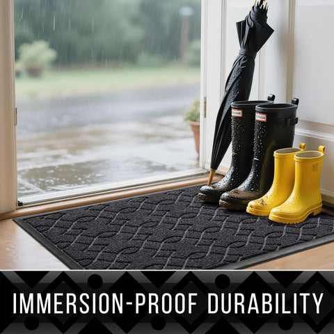 Yimobra oblique rubber edge diverts water away from thresholds.