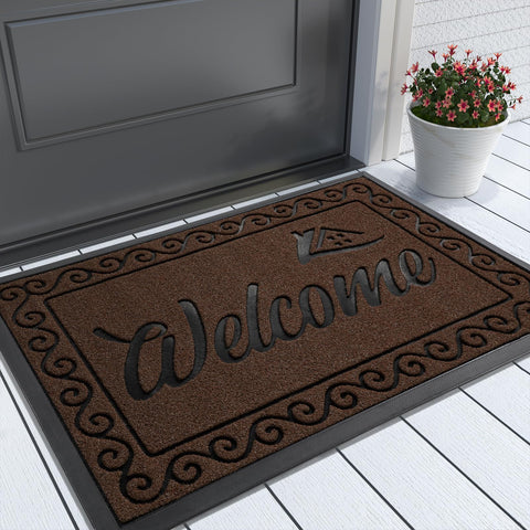 Yimobra Welcome Mat coffee-color blends with many entrances and hides wear.
