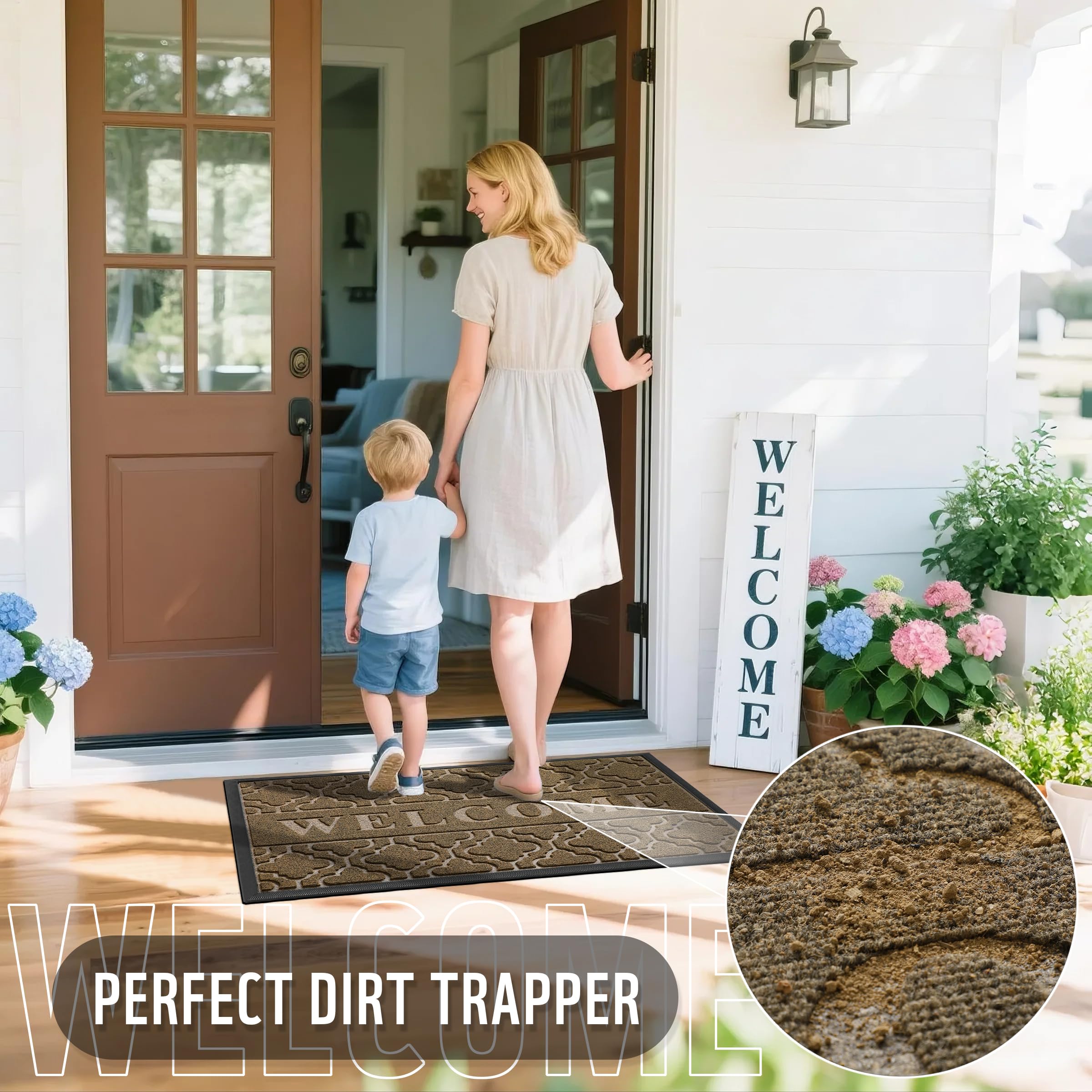 Yimobra Welcome Mat easy-clean surface ready for broom, brush, or hose wash.