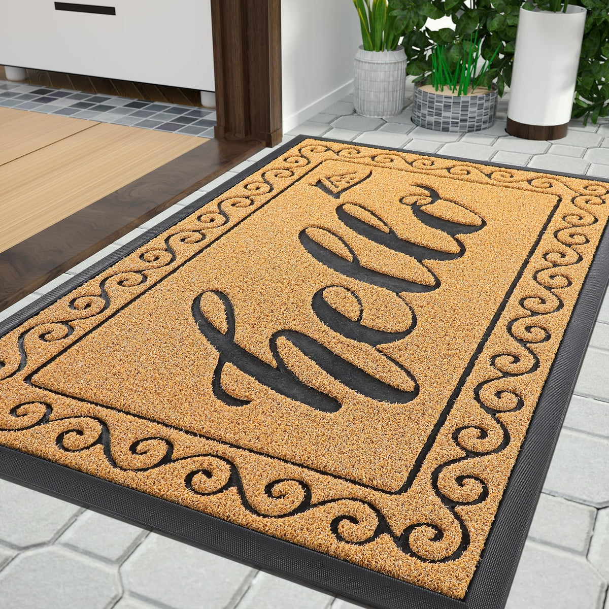 Yimobra welcome mat front door showing dirt-trapping artificial grass for a cleaner entrance