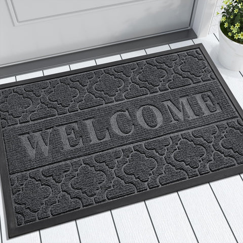 Yimobra Welcome Mat with groove pattern and WELCOME lettering at the doorway.
