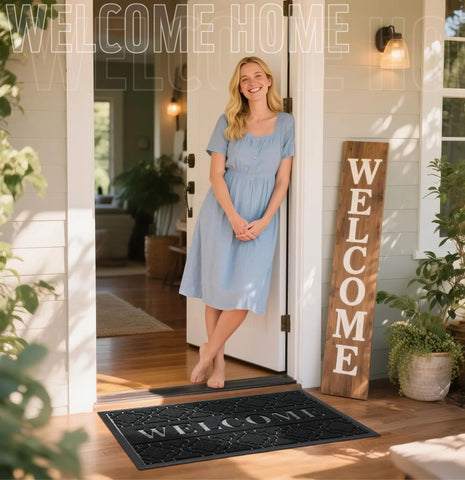 Yimobra Welcome Mat shows non-slip backing for secure placement.