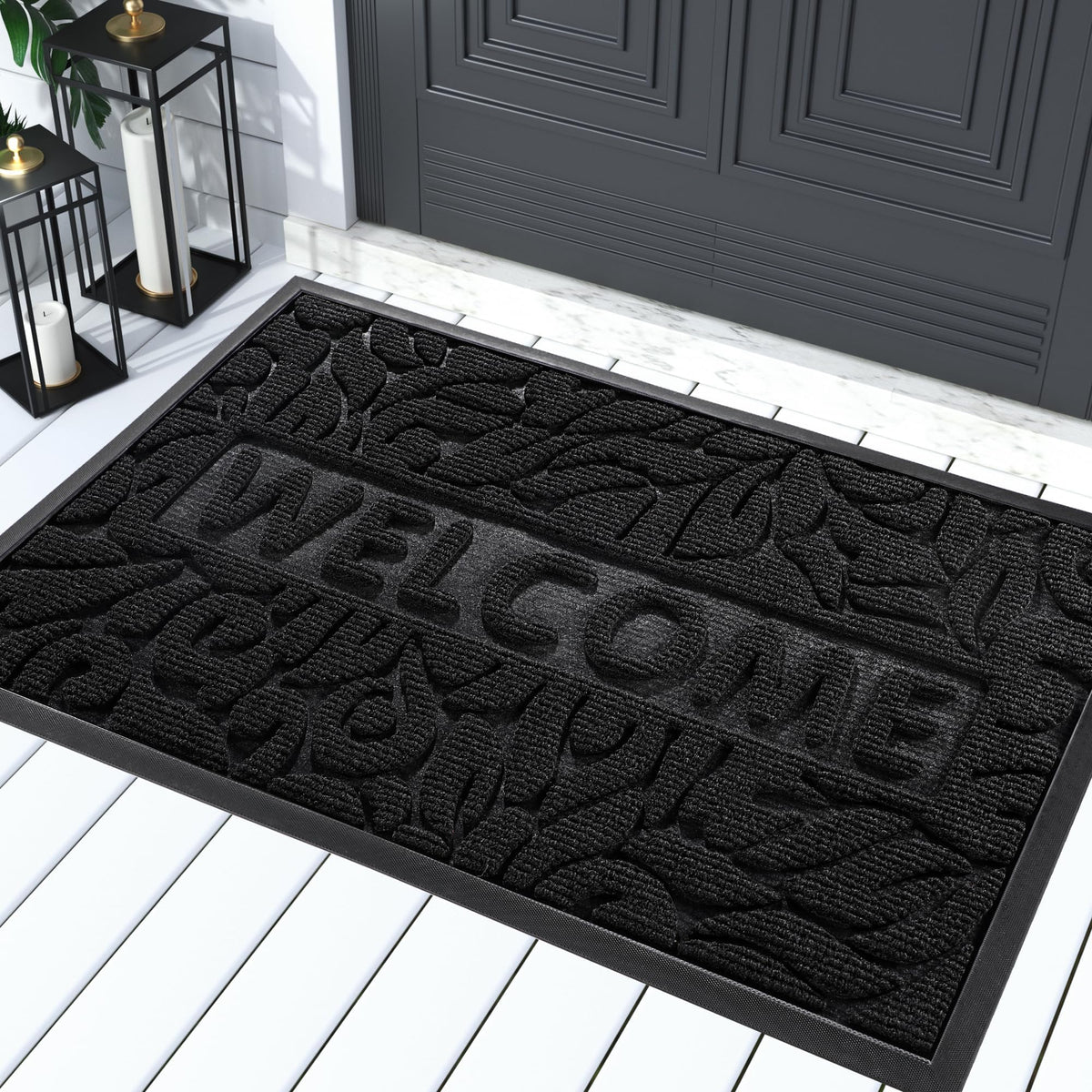 Yimobra outdoor welcome mat with textured pattern helps trap dirt at the doorstep.