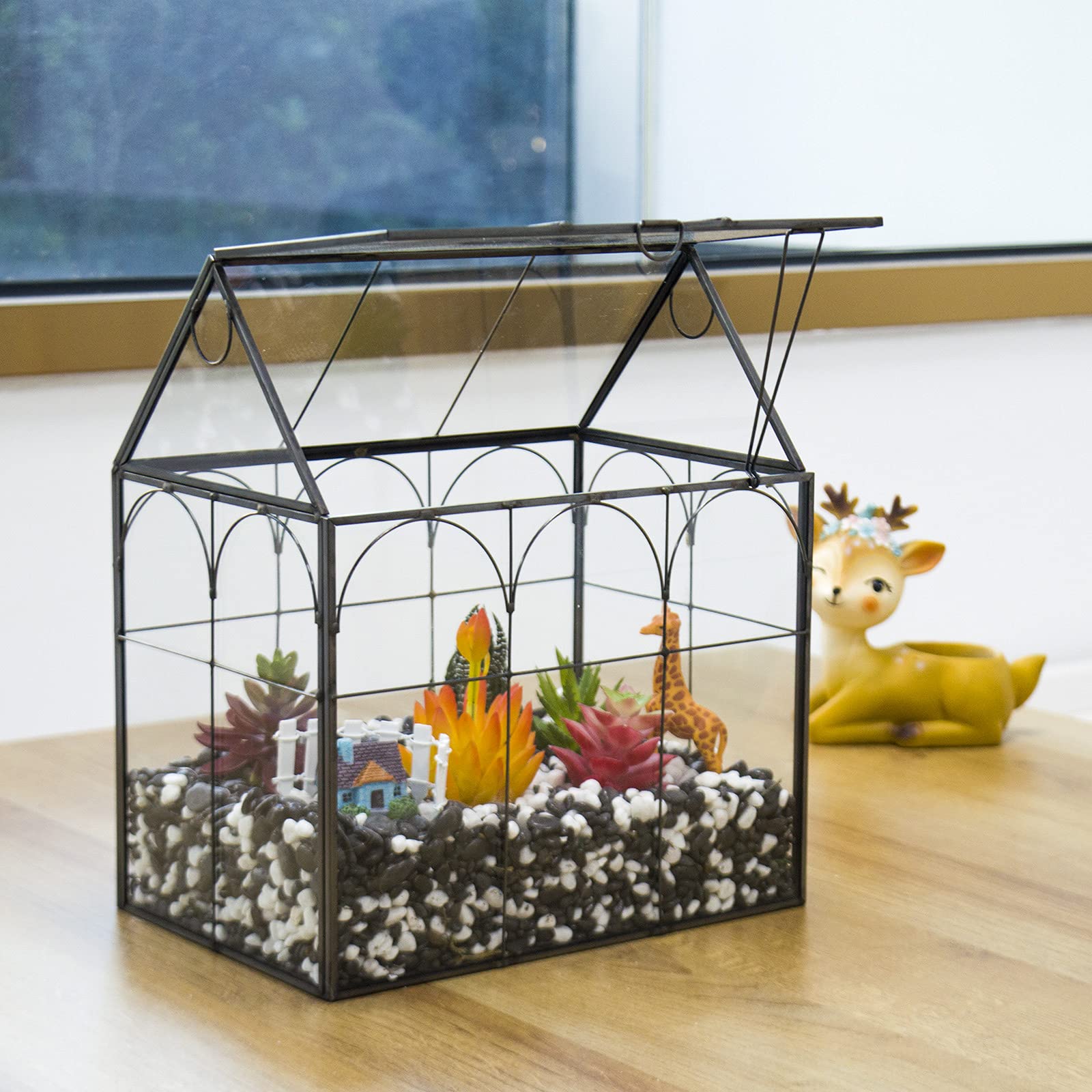 Yimorence glass terrarium top lift-off door for easy plant access and care