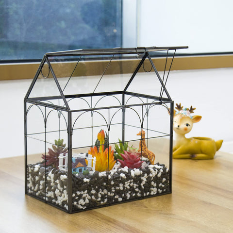 Yimorence glass terrarium top lift-off door for easy plant access and care