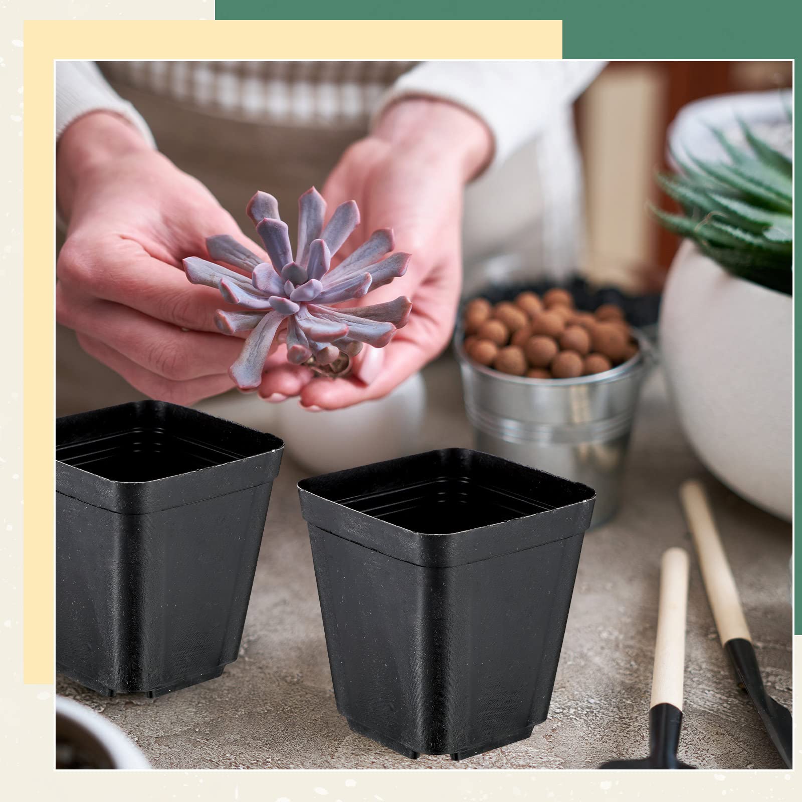 Yinder nursery pots stackable for compact storage when not in use.