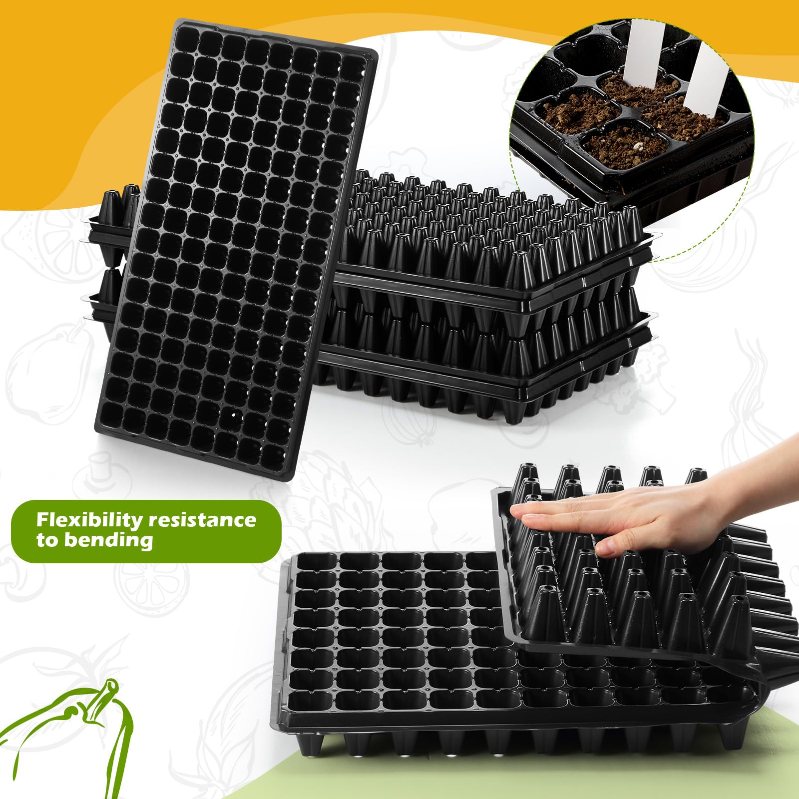 Yinder plant label stakes help organize plant names and stages.