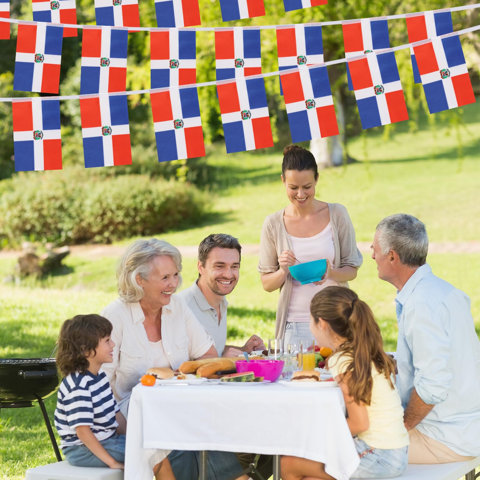 Yingnner flag banner decorating an outdoor porch for a celebration.