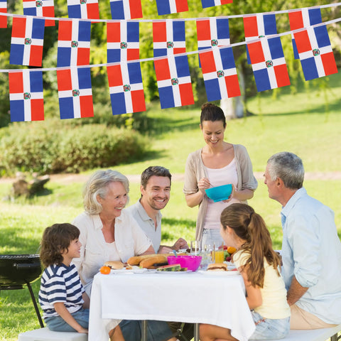 Yingnner flag banner decorating an outdoor porch for a celebration.