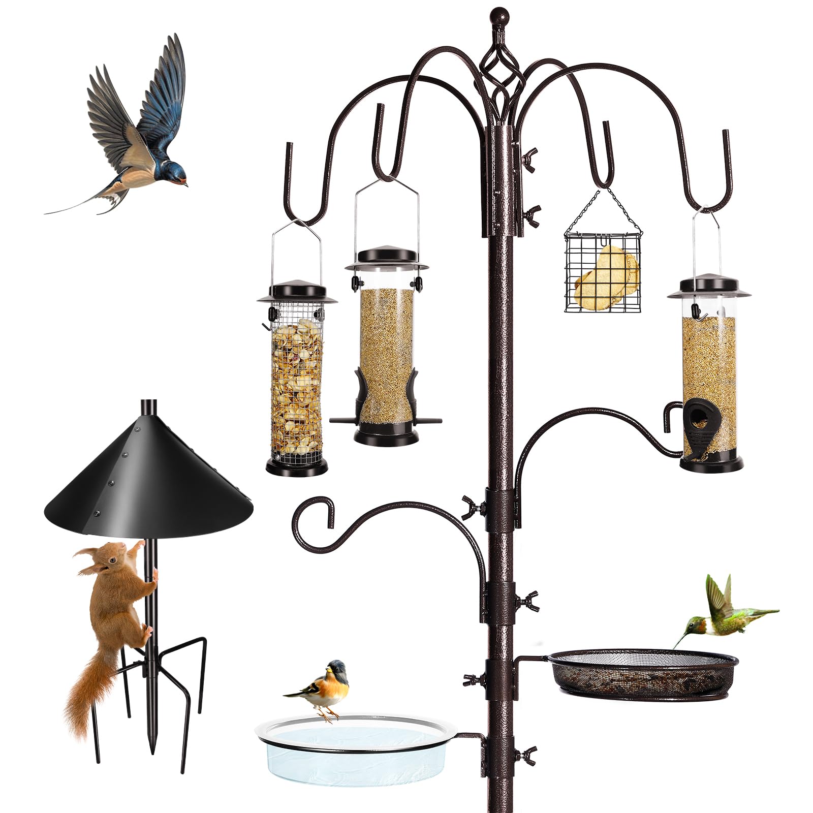 YINGYM 6-Hook Bird Feeding Station stand invites diverse backyard birds for easy viewing