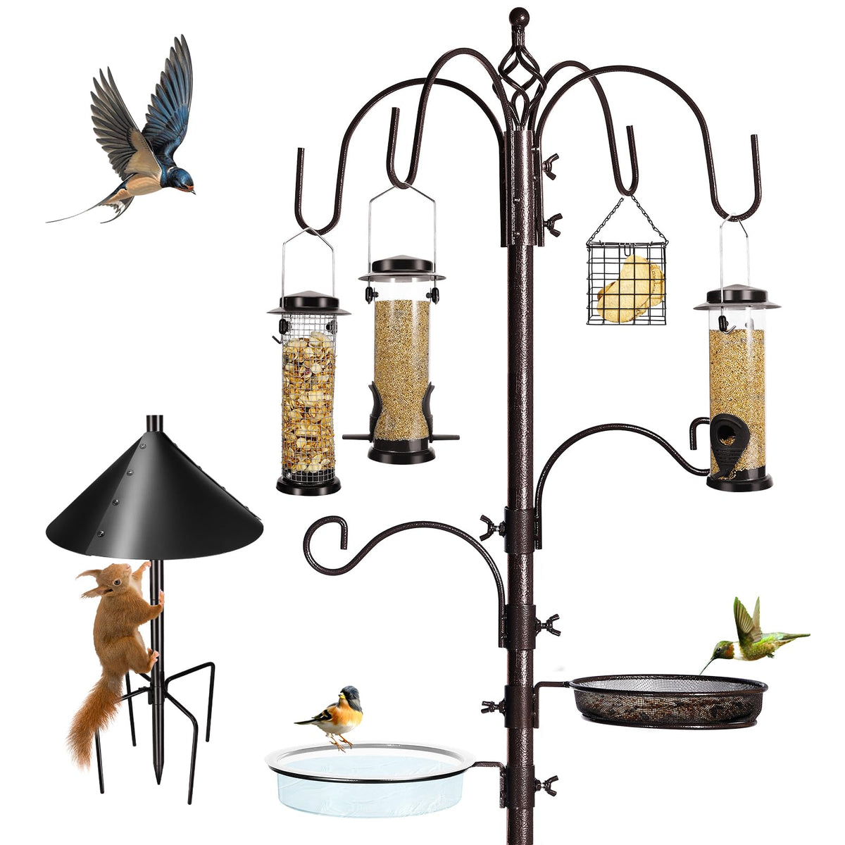 YINGYM 6-Hook Bird Feeding Station stand invites diverse backyard birds for easy viewing