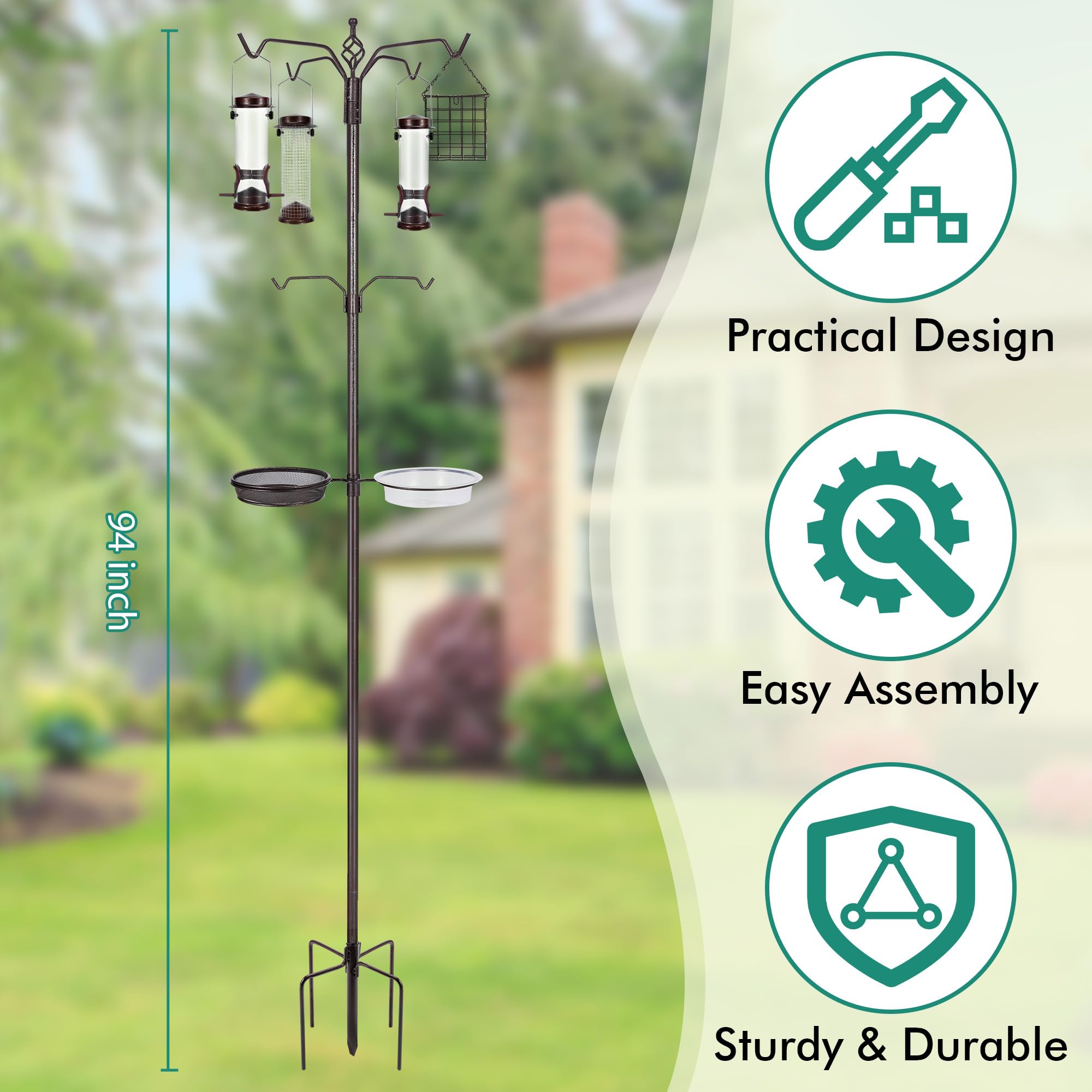 YINGYM outdoor bird feeder system with four feeders enhances backyard bird variety.