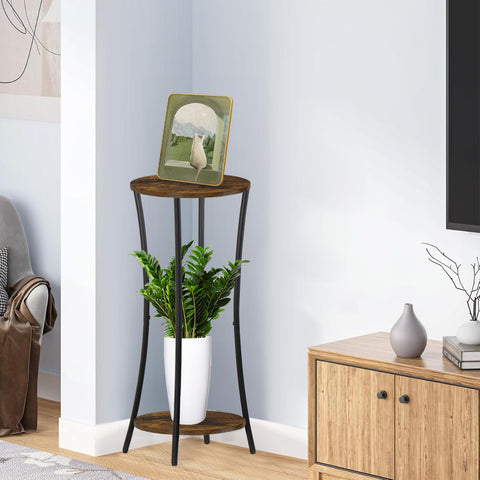 YINMIT round plant stand brown finish close-up showing durable iron tubes and vintage boards.