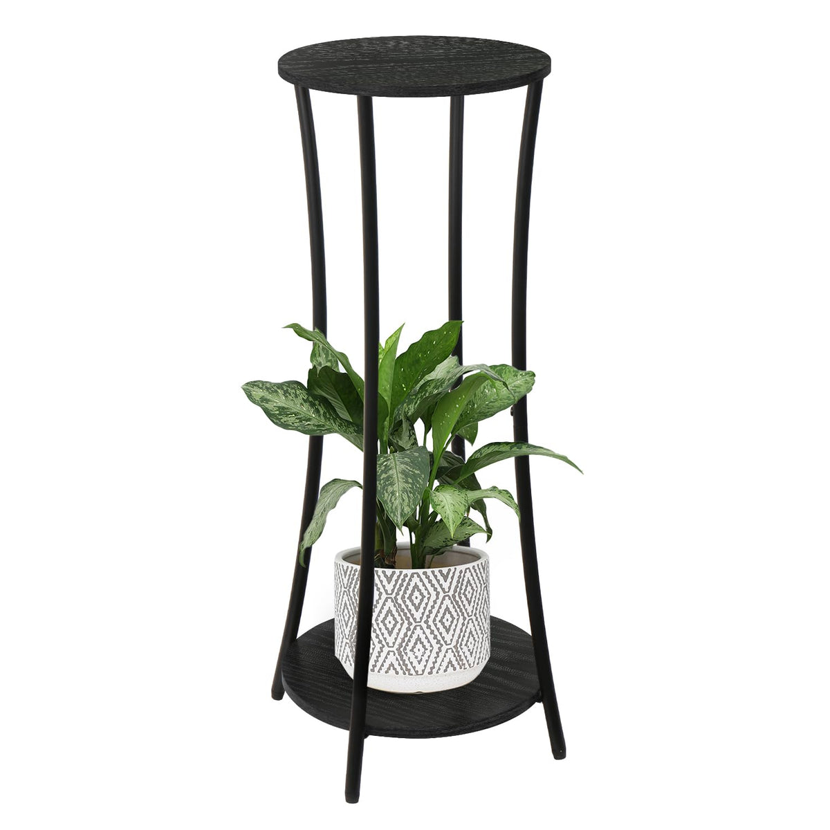 YINMIT round plant stand left view showing two-tier shelves for indoor plants.