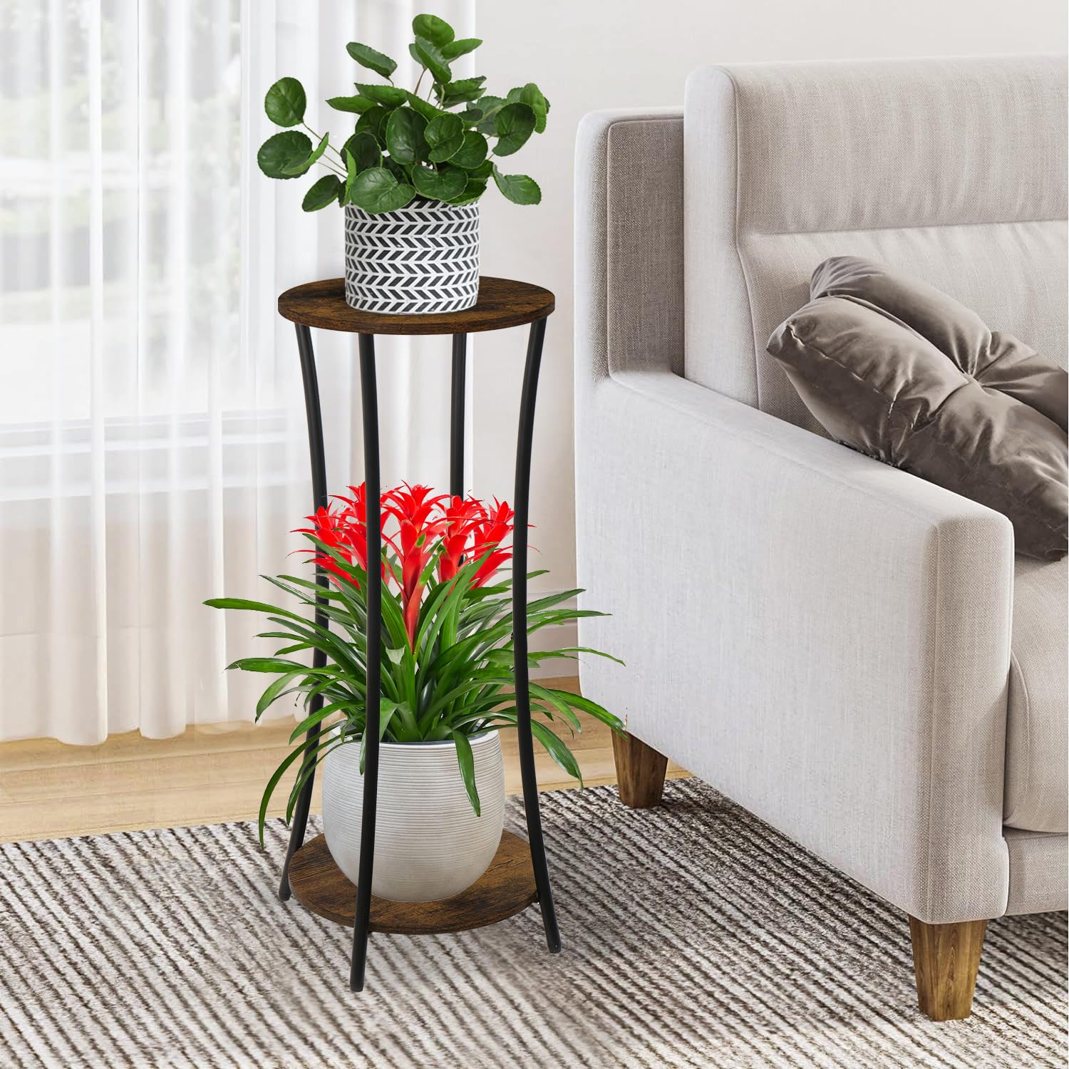YINMIT two-tier round plant stand side view, saves floor space in compact rooms.