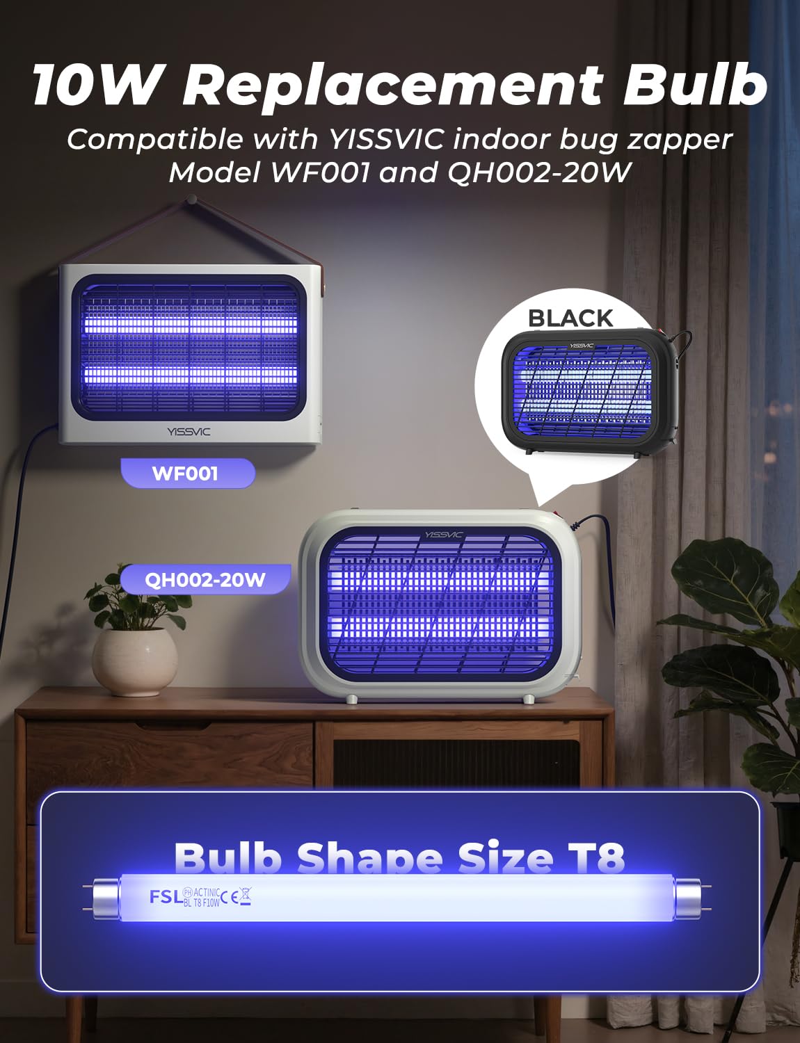 YISSVIC 365nm ultraviolet light attracts flying insects at home.